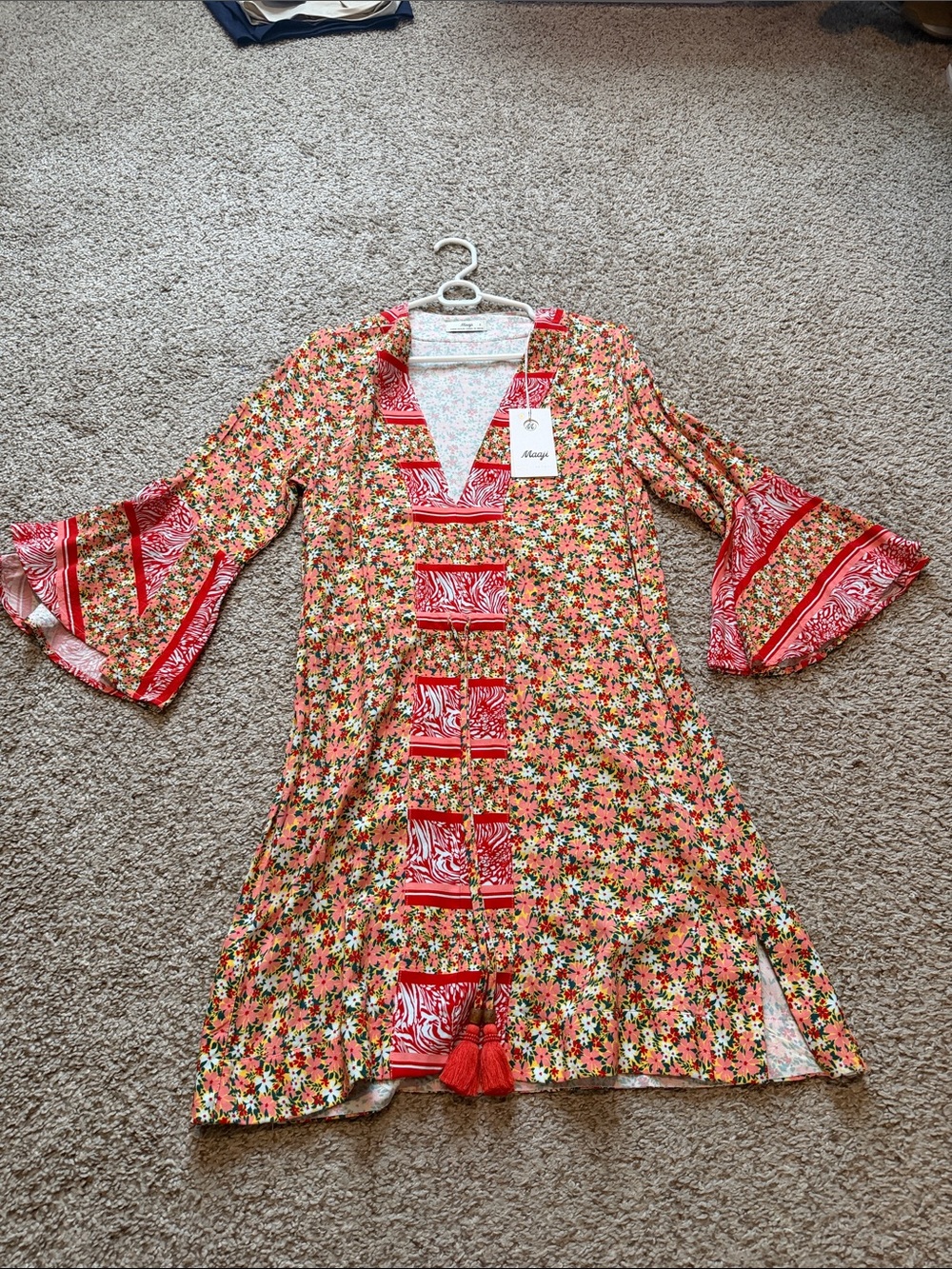 Maaji Multi-Color Floral Red Tassel Boho Dress